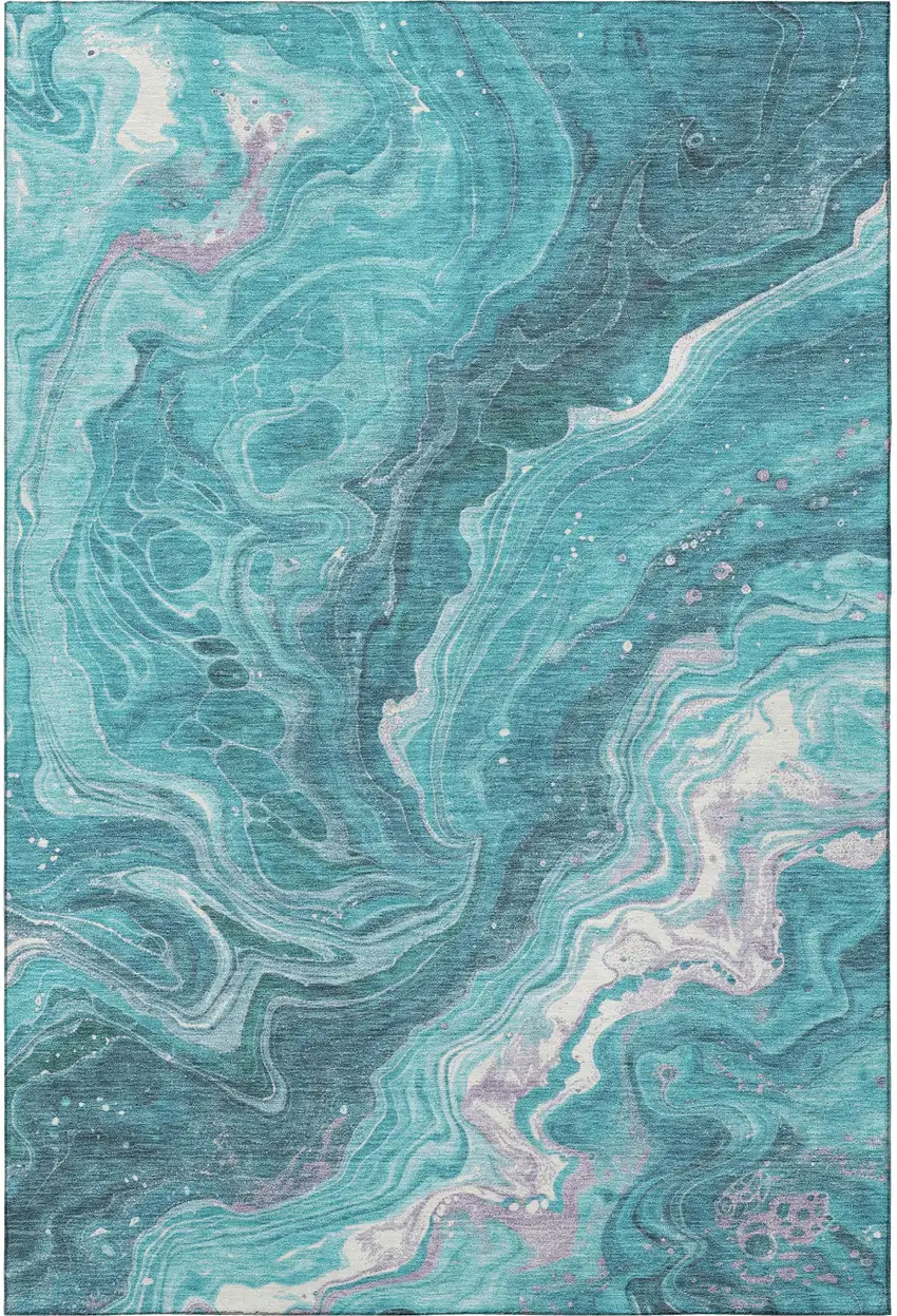 Teal Gray And Silver Abstract Washable Area Rug With UV Protection Photo 2