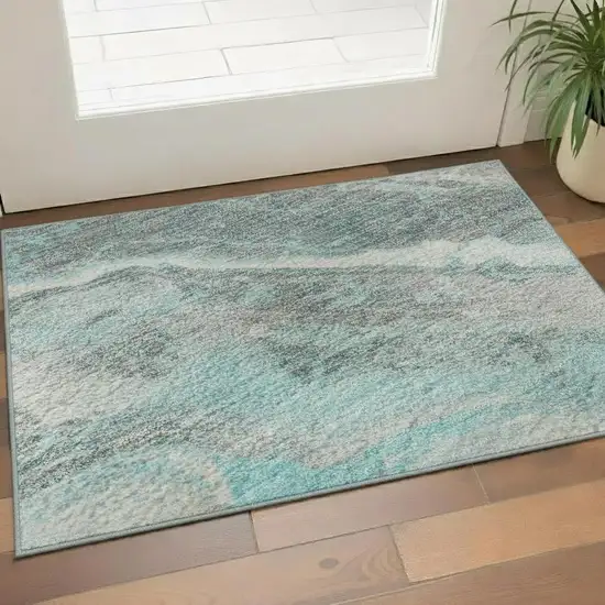Teal Gray And Silver Abstract Washable Area Rug With UV Protection Photo 2