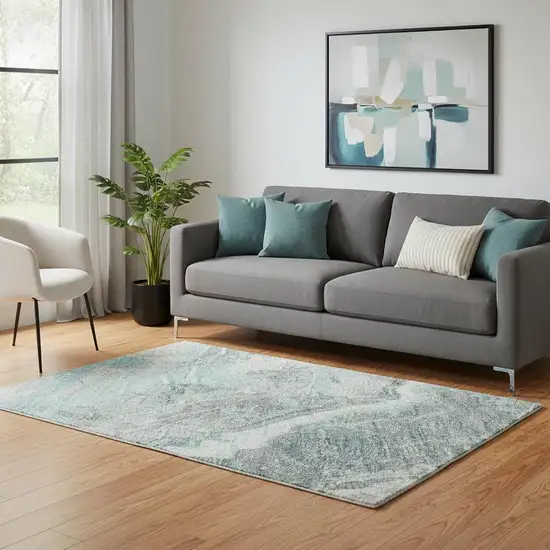 Teal Gray And Silver Abstract Washable Area Rug With UV Protection Photo 2