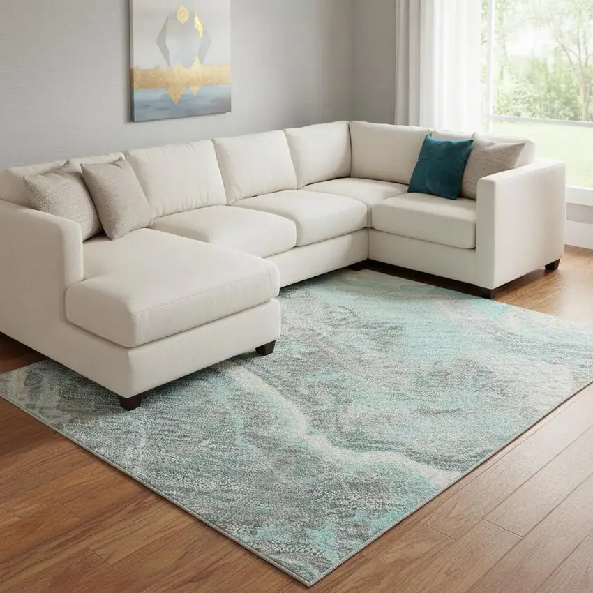 Teal Gray And Silver Abstract Washable Area Rug With UV Protection Photo 2