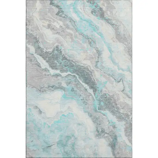 Teal Gray And Silver Abstract Washable Area Rug With UV Protection Photo 4