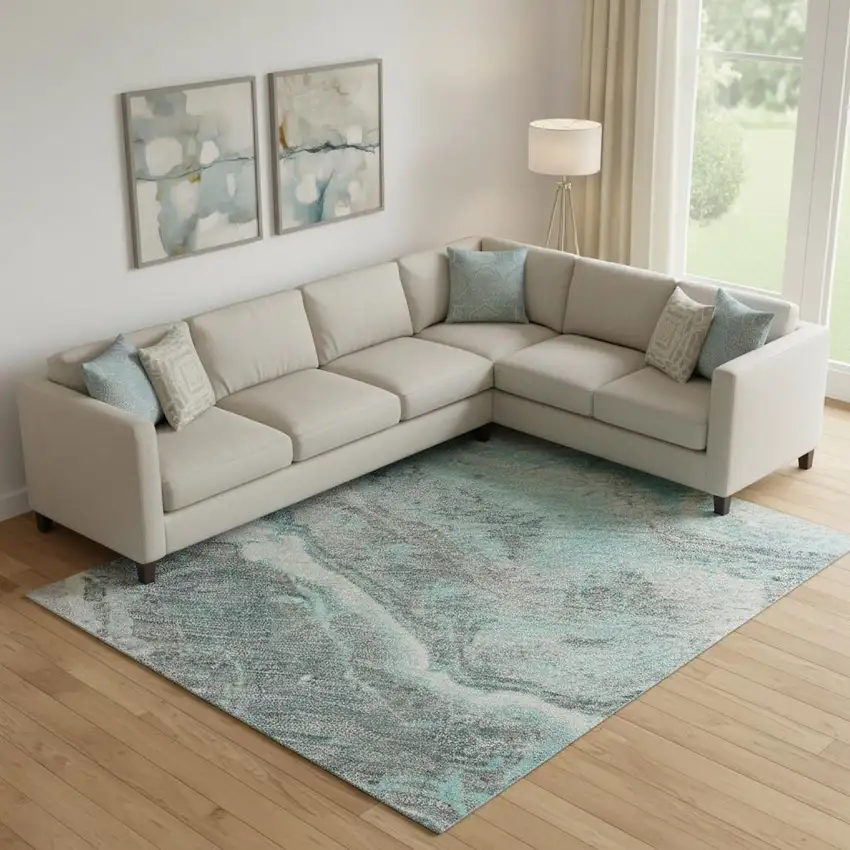 Teal Gray And Silver Abstract Washable Area Rug With UV Protection Photo 2