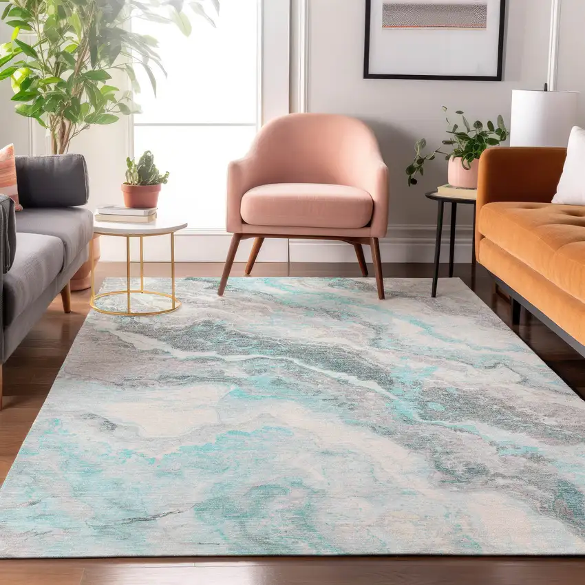 Teal Gray And Silver Abstract Washable Area Rug With UV Protection Photo 3