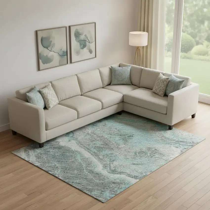 Teal Gray And Silver Abstract Washable Area Rug With UV Protection Photo 2