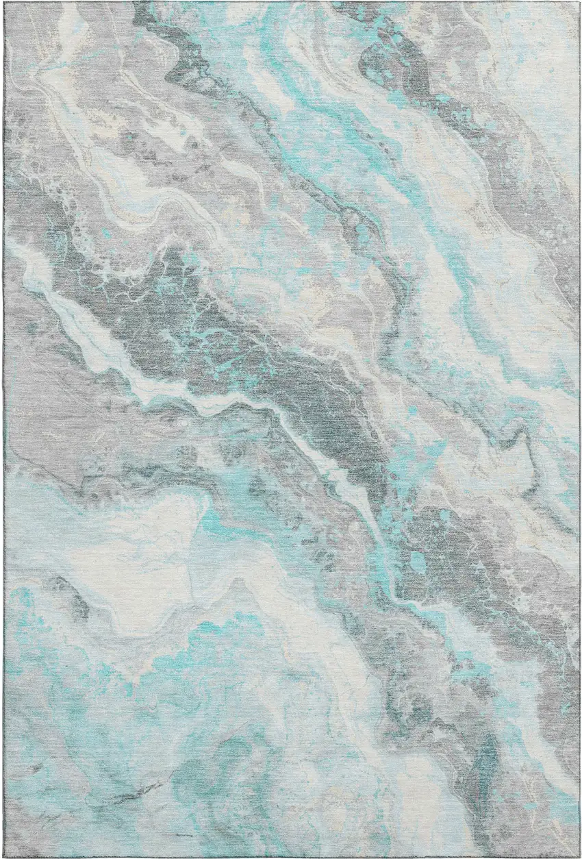 Teal Gray And Silver Abstract Washable Area Rug With UV Protection Photo 5