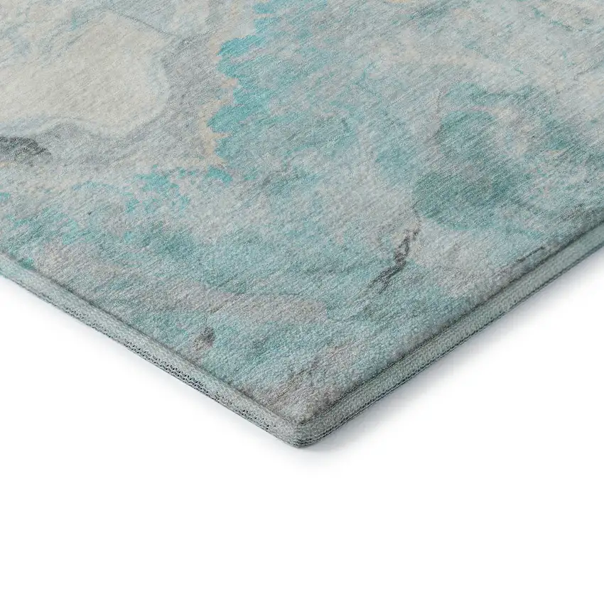 Teal Gray And Silver Abstract Washable Area Rug With UV Protection Photo 7