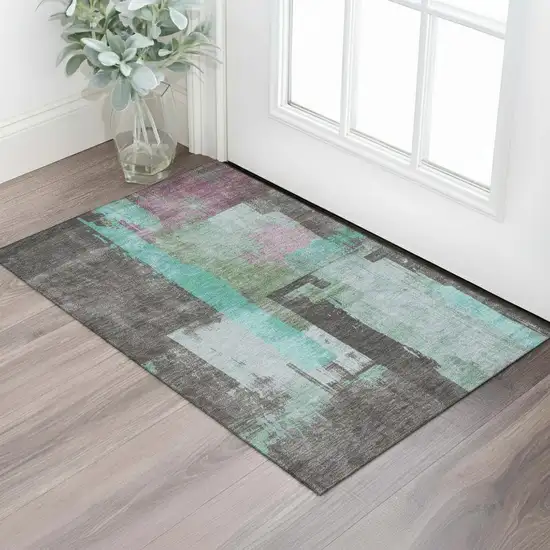 Teal Gray And Silver Abstract Washable Area Rug With UV Protection Photo 2