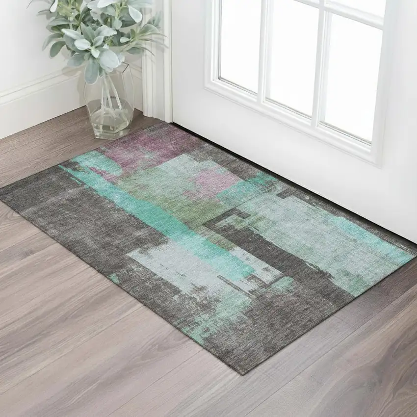 Teal Gray And Silver Abstract Washable Area Rug With UV Protection Photo 2