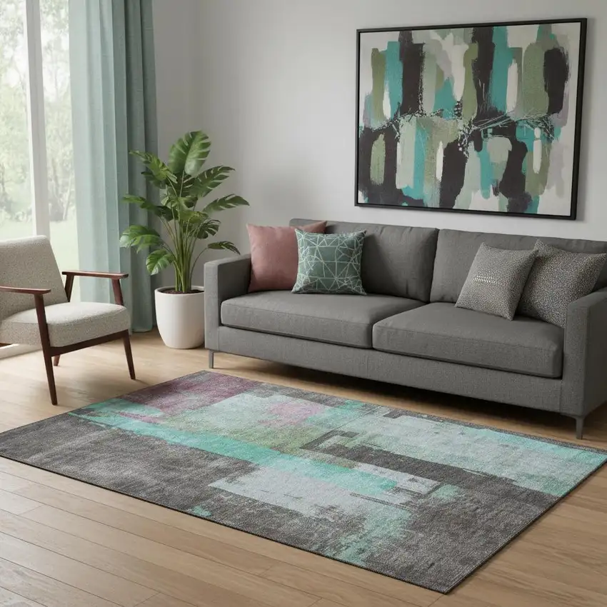 Teal Gray And Silver Abstract Washable Area Rug With UV Protection Photo 2