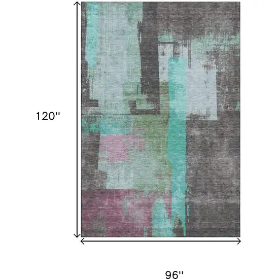 Teal Gray And Silver Abstract Washable Area Rug With UV Protection Photo 9