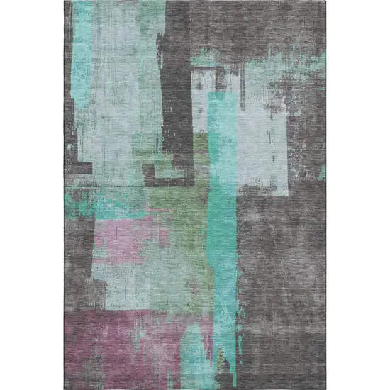 Teal Gray And Silver Abstract Washable Area Rug With UV Protection Photo 1