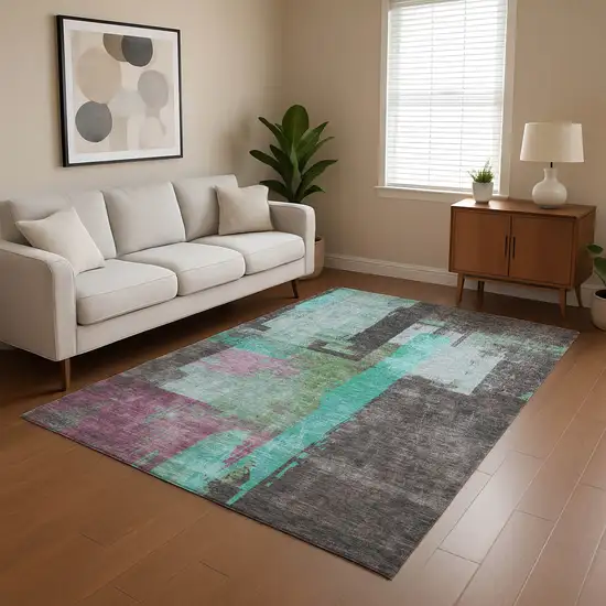 Teal Gray And Silver Abstract Washable Area Rug With UV Protection Photo 3