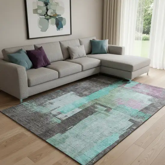 Teal Gray And Silver Abstract Washable Area Rug With UV Protection Photo 2