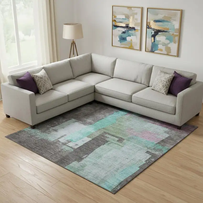 Teal Gray And Silver Abstract Washable Area Rug With UV Protection Photo 2