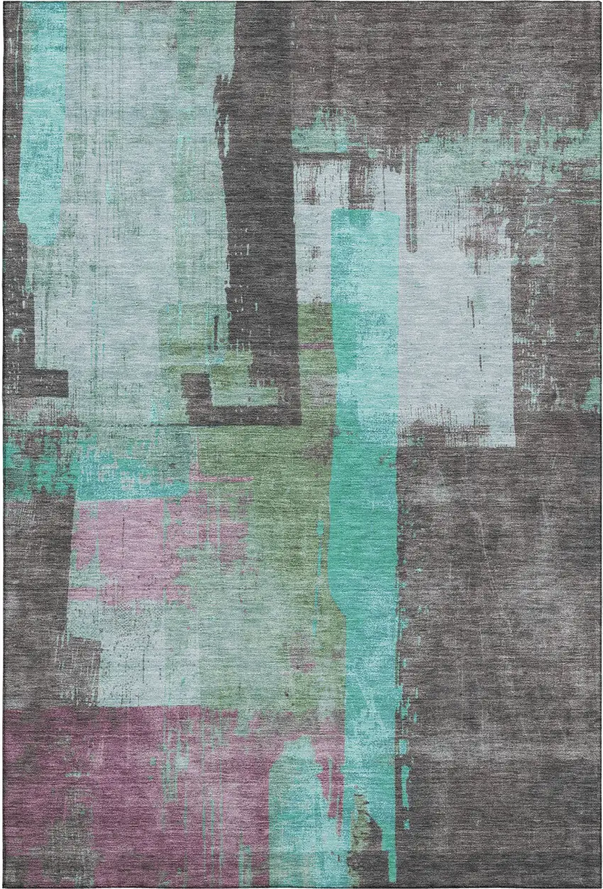 Teal Gray And Silver Abstract Washable Area Rug With UV Protection Photo 1