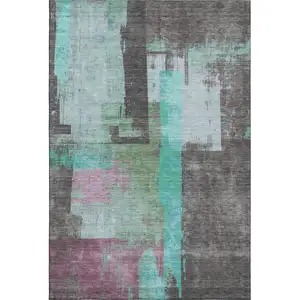 Photo of Teal Gray And Silver Abstract Washable Area Rug With UV Protection