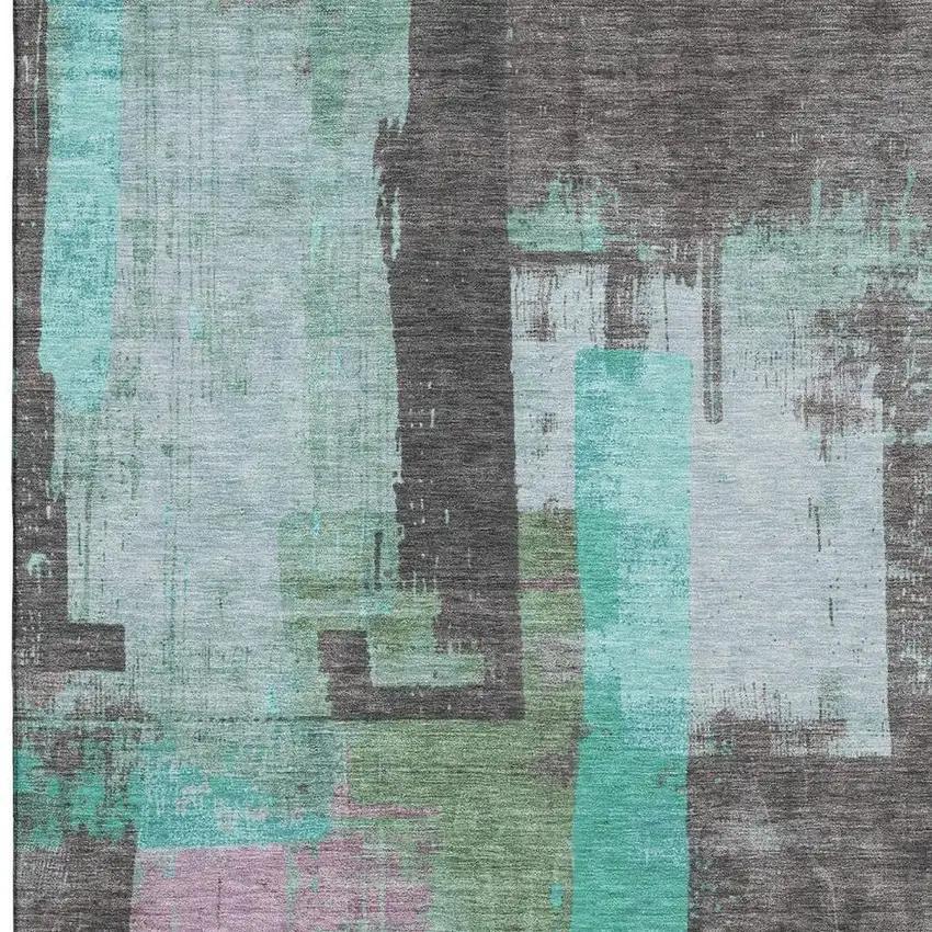 Teal Gray And Silver Abstract Washable Area Rug With UV Protection Photo 3