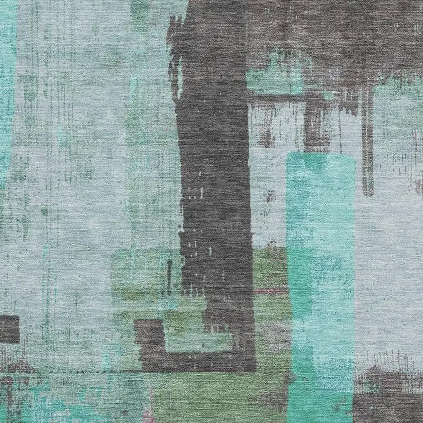 Teal Gray And Silver Abstract Washable Area Rug With UV Protection Photo 2