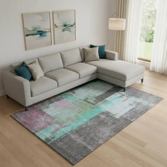 Teal Gray And Silver Abstract Washable Area Rug With UV Protection Photo 2