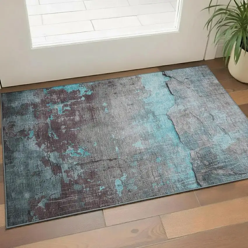 Teal Gray And Silver Abstract Washable Area Rug With UV Protection Photo 2