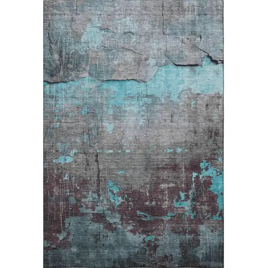 Teal Gray And Silver Abstract Washable Area Rug With UV Protection Photo 2