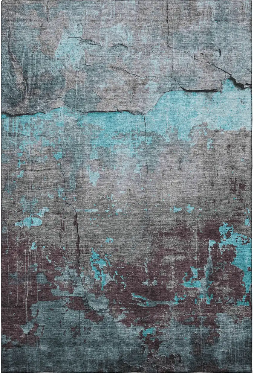 Teal Gray And Silver Abstract Washable Area Rug With UV Protection Photo 2