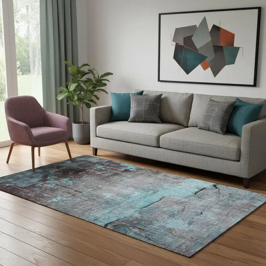 Teal Gray And Silver Abstract Washable Area Rug With UV Protection Photo 2