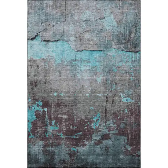 Teal Gray And Silver Abstract Washable Area Rug With UV Protection Photo 1