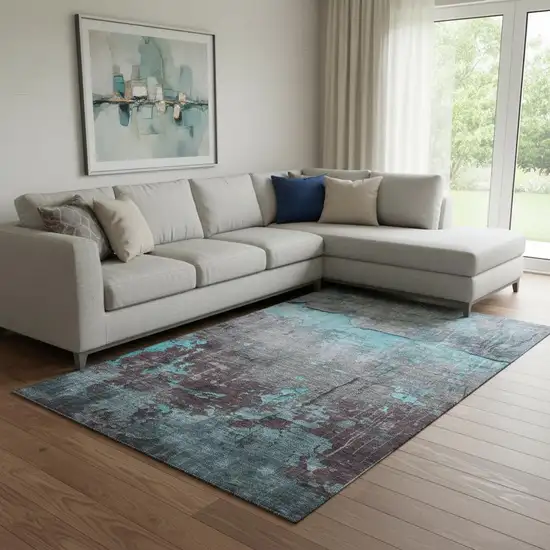 Teal Gray And Silver Abstract Washable Area Rug With UV Protection Photo 2