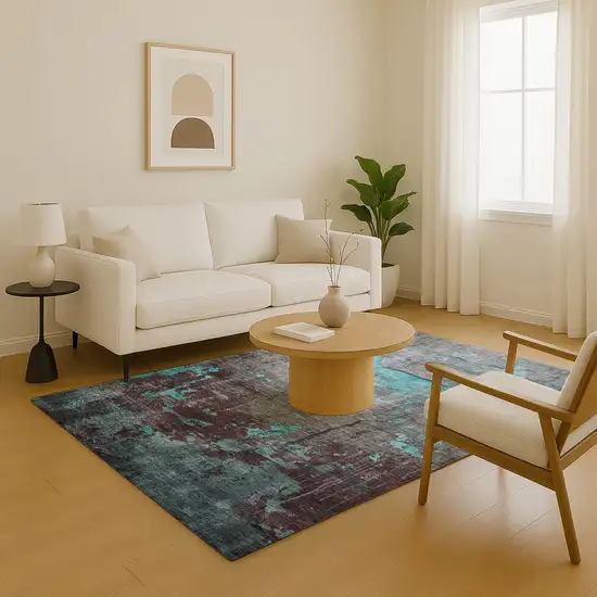 Teal Gray And Silver Abstract Washable Area Rug With UV Protection Photo 5