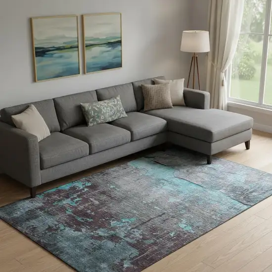 Teal Gray And Silver Abstract Washable Area Rug With UV Protection Photo 1