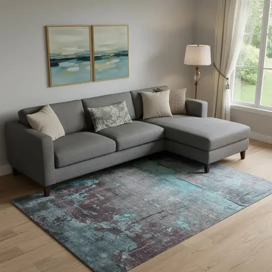 Teal Gray And Silver Abstract Washable Area Rug With UV Protection Photo 2