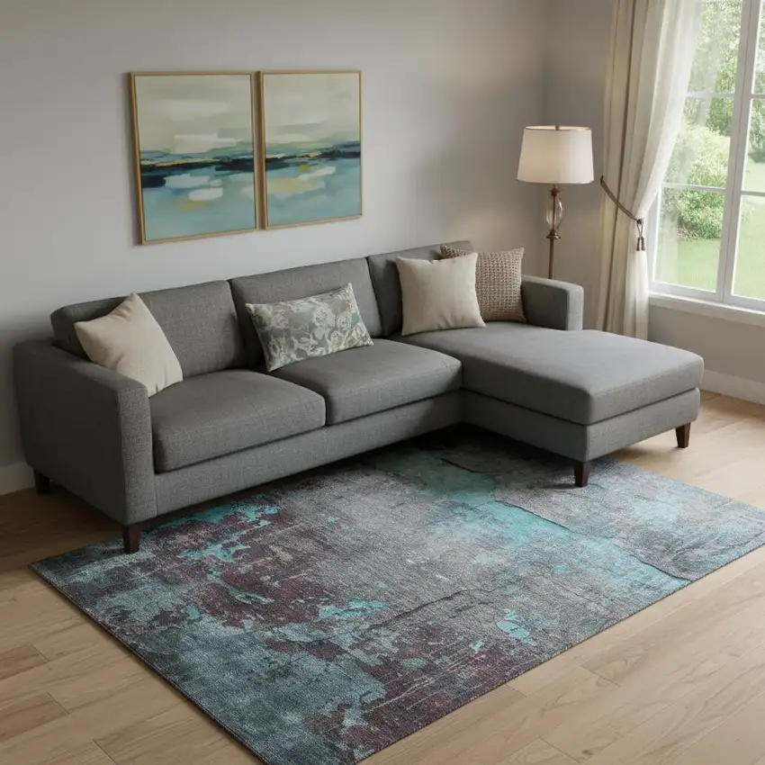 Teal Gray And Silver Abstract Washable Area Rug With UV Protection Photo 2