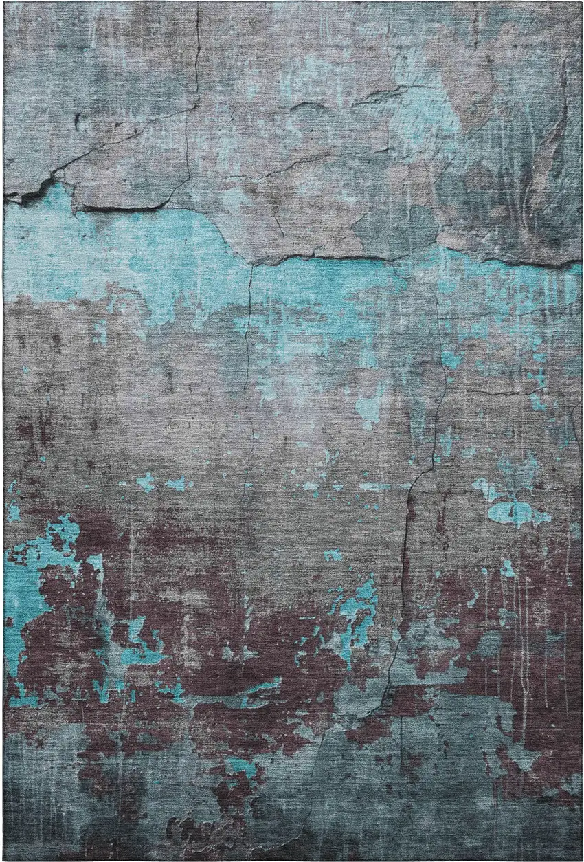Teal Gray And Silver Abstract Washable Area Rug With UV Protection Photo 1
