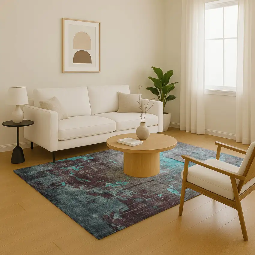 Teal Gray And Silver Abstract Washable Area Rug With UV Protection Photo 4