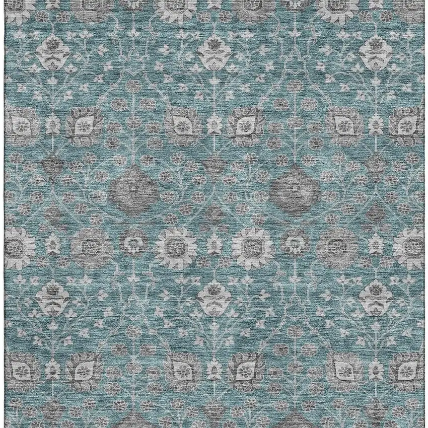 Teal Gray And Silver Floral Washable Area Rug With UV Protection Photo 3