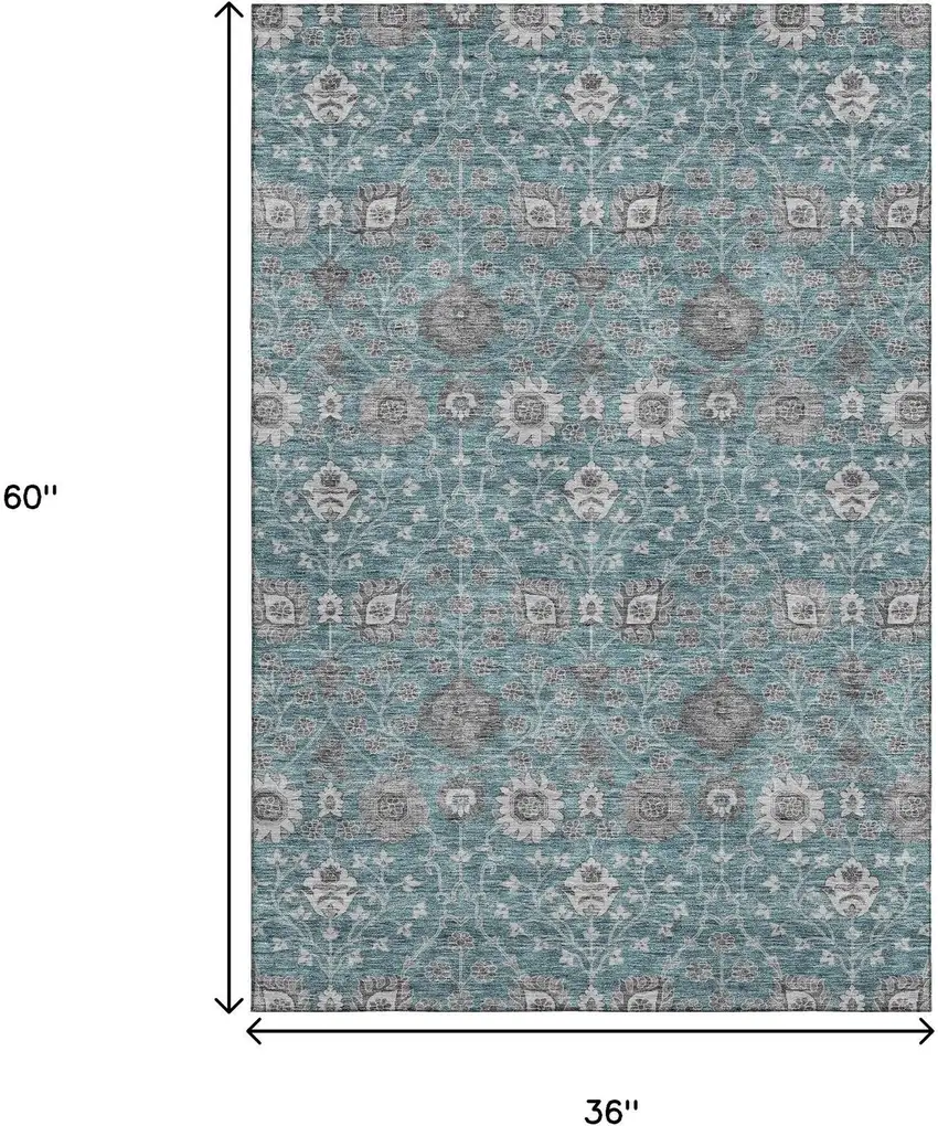 Teal Gray And Silver Floral Washable Area Rug With UV Protection Photo 3