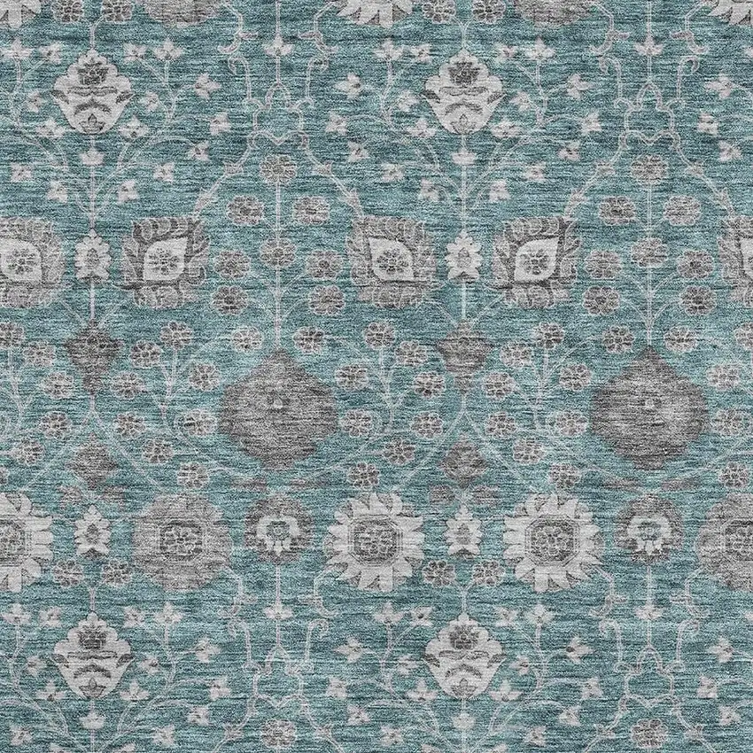 Teal Gray And Silver Floral Washable Area Rug With UV Protection Photo 2