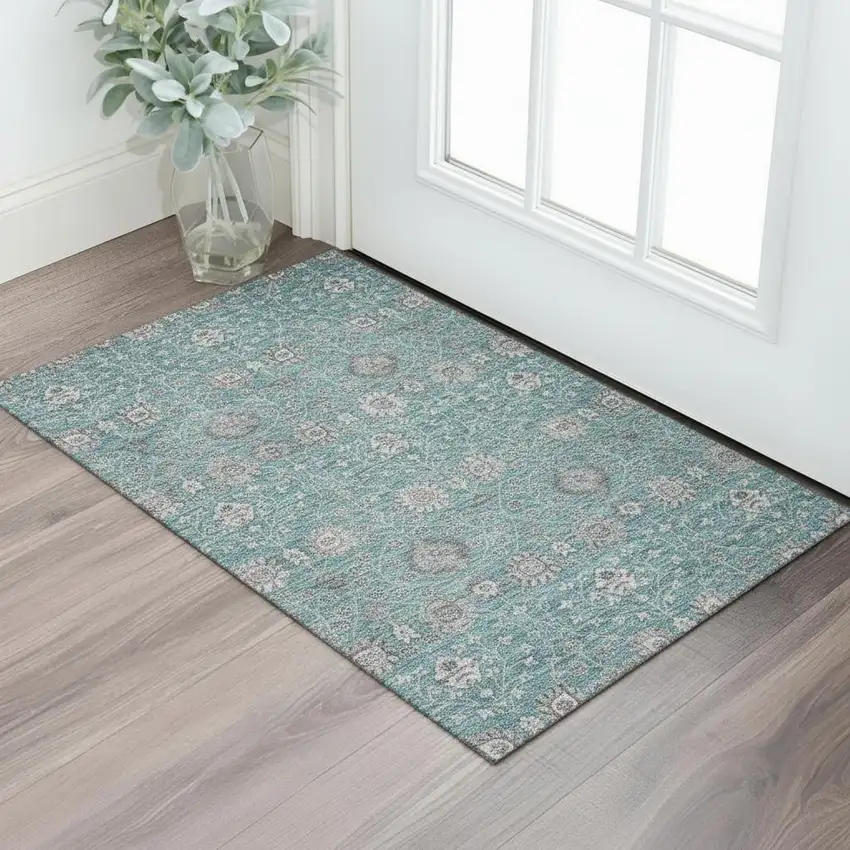 Teal Gray And Silver Floral Washable Area Rug With UV Protection Photo 2