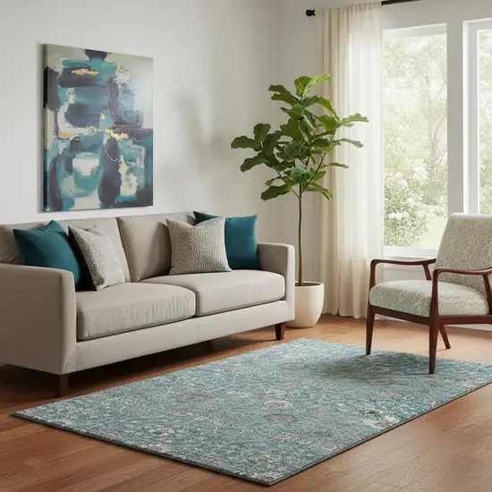 Teal Gray And Silver Floral Washable Area Rug With UV Protection Photo 2