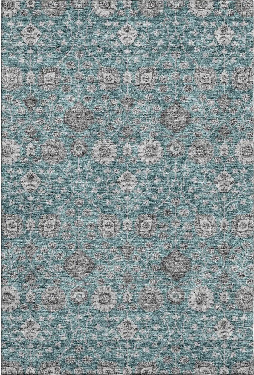 Teal Gray And Silver Floral Washable Area Rug With UV Protection Photo 1