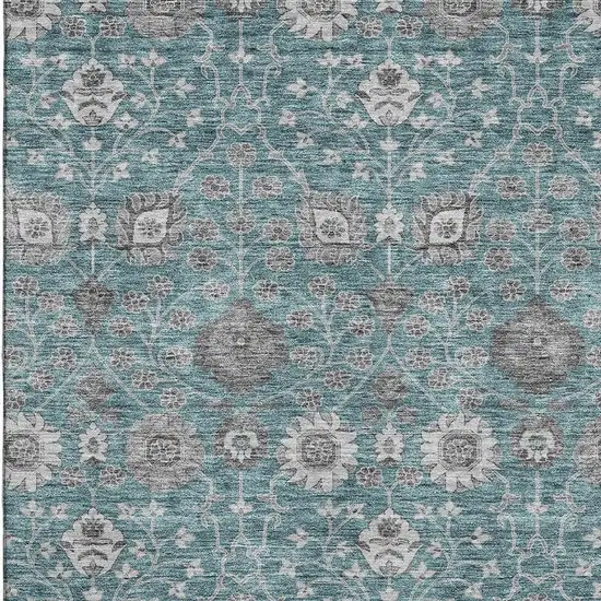 Teal Gray And Silver Floral Washable Area Rug With UV Protection Photo 2
