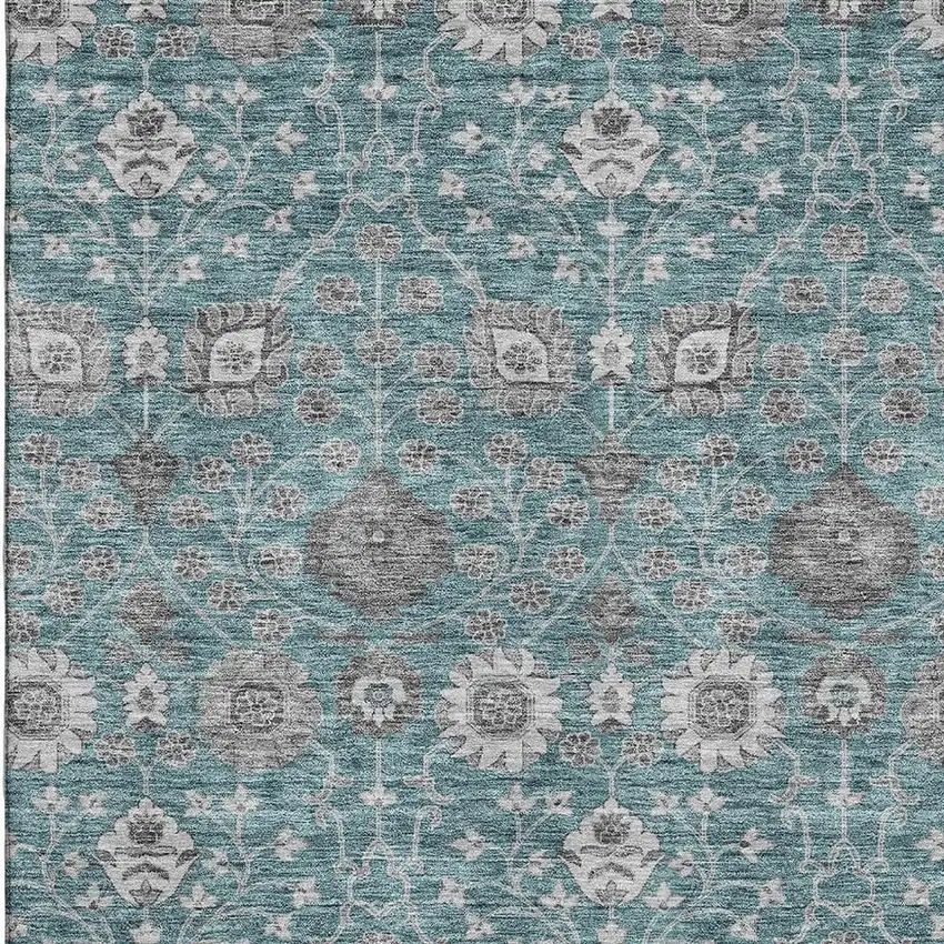 Teal Gray And Silver Floral Washable Area Rug With UV Protection Photo 2
