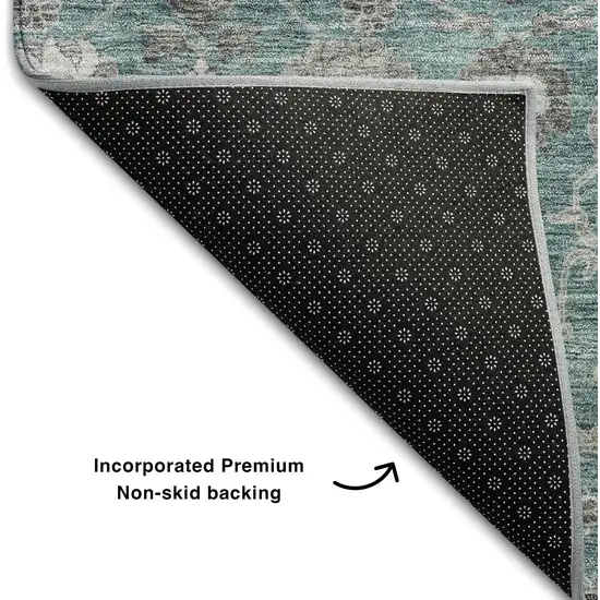 Teal Gray And Silver Floral Washable Area Rug With UV Protection Photo 6