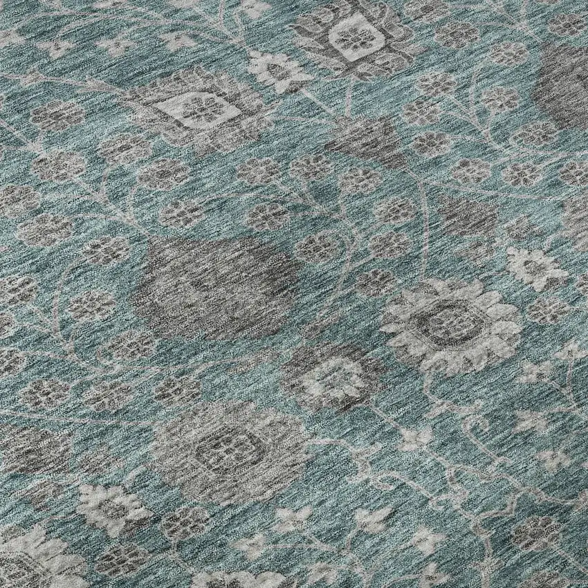 Teal Gray And Silver Floral Washable Area Rug With UV Protection Photo 8