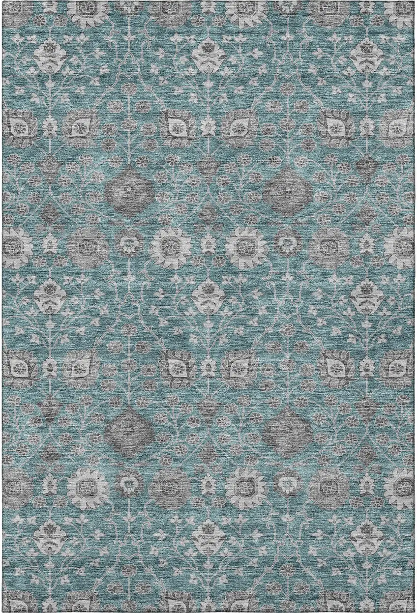 Teal Gray And Silver Floral Washable Area Rug With UV Protection Photo 2