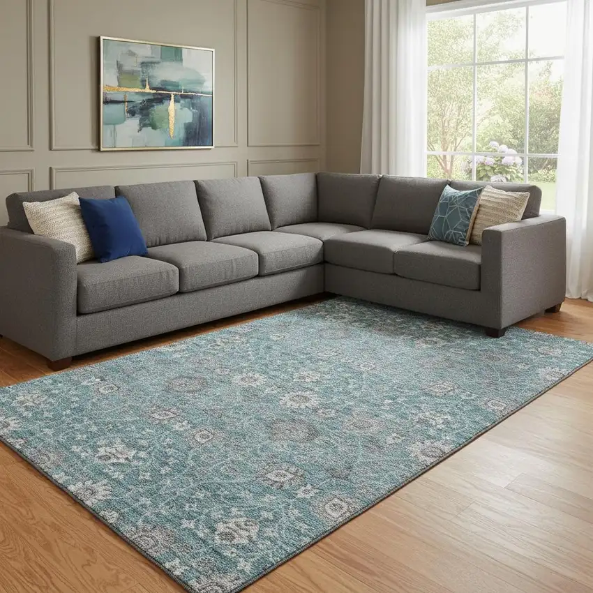 Teal Gray And Silver Floral Washable Area Rug With UV Protection Photo 2