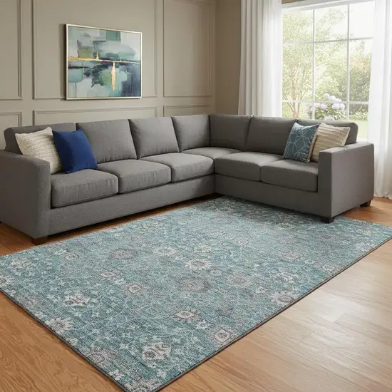Teal Gray And Silver Floral Washable Area Rug With UV Protection Photo 2