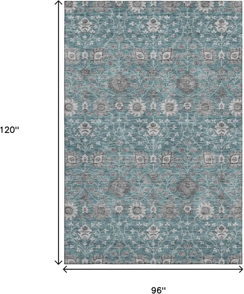Teal Gray And Silver Floral Washable Area Rug With UV Protection Photo 9