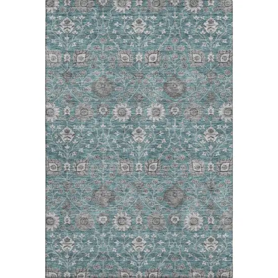Teal Gray And Silver Floral Washable Area Rug With UV Protection Photo 1